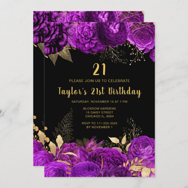 Invitación Elegant Purple and Gold Flowers Birthday Party (Anverso / Reverso)