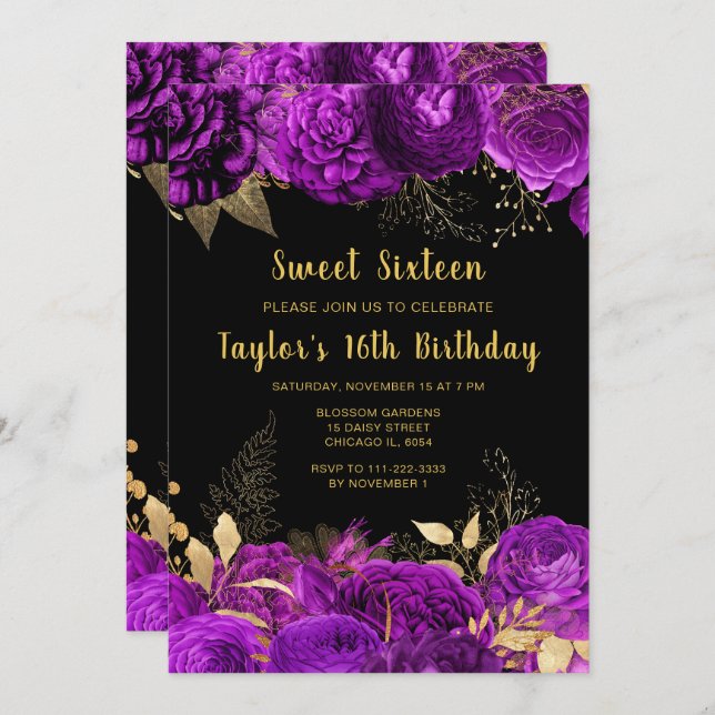 Invitación Elegant Purple and Gold Flowers Sweet Sixteen (Anverso / Reverso)