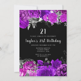 Invitación Elegant Purple and Silver Flowers Birthday Party