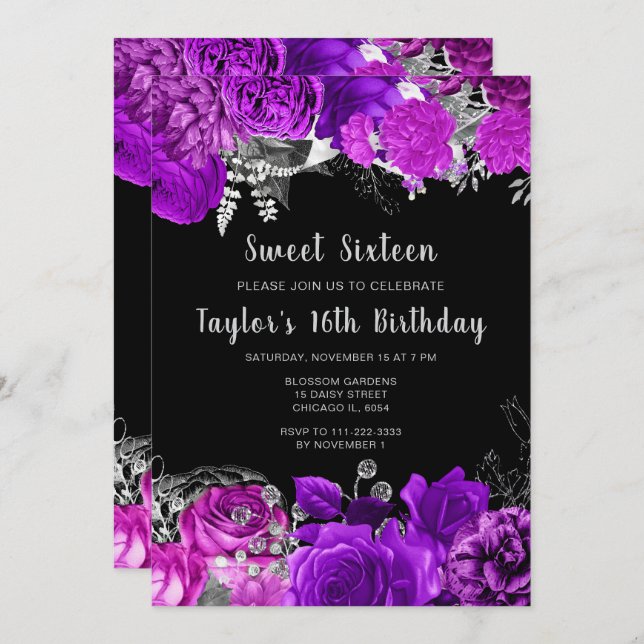 Invitación Elegant Purple and Silver Flowers Sweet Sixteen (Anverso / Reverso)