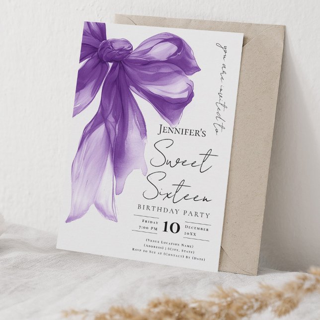Invitación Elegant Purple Bow Coquette Script Sweet 16 Party  (Elegant Purple Bow Coquette Script Sweet 16 Party Invitation)