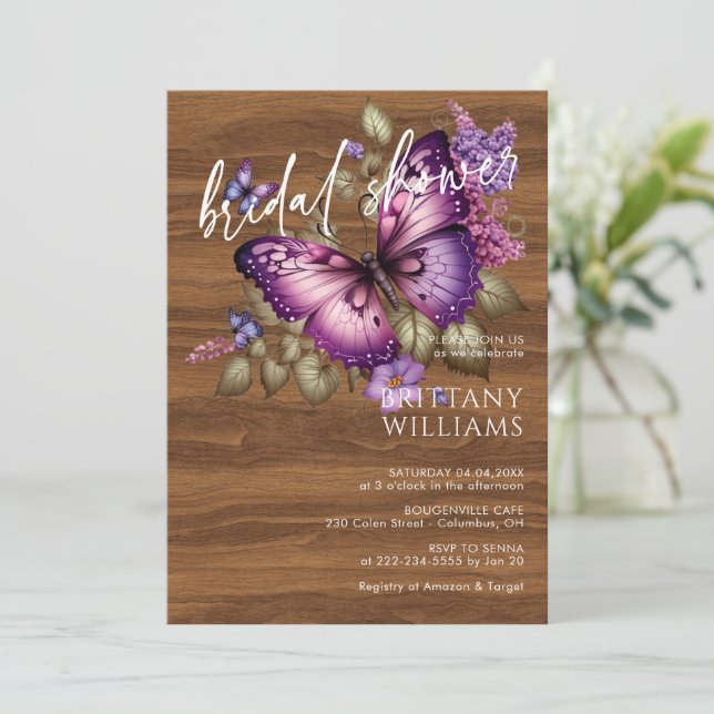 Invitación Elegant Purple Butterfly Bridal Shower Invitation (Anverso de pie)