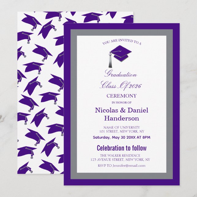 Invitación Elegant purple caps graduation ceremony invitation (Anverso / Reverso)