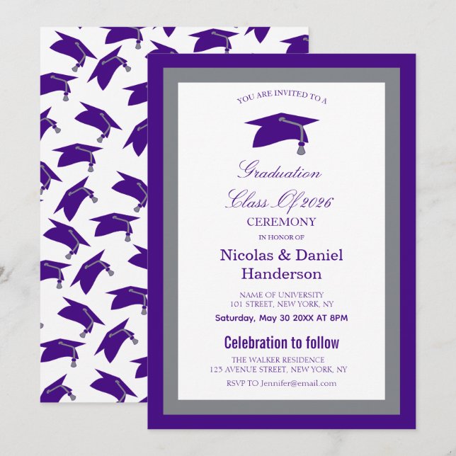 Invitación Elegant purple caps graduation ceremony invitation (Anverso / Reverso)