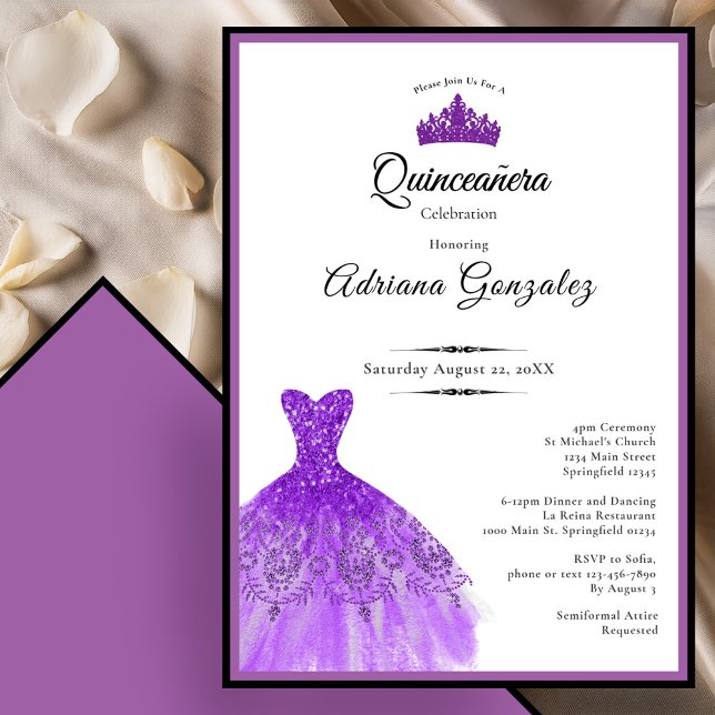 Invitación Elegant Purple Dress 15th Birthday Quinceanera (Subido por el creador)