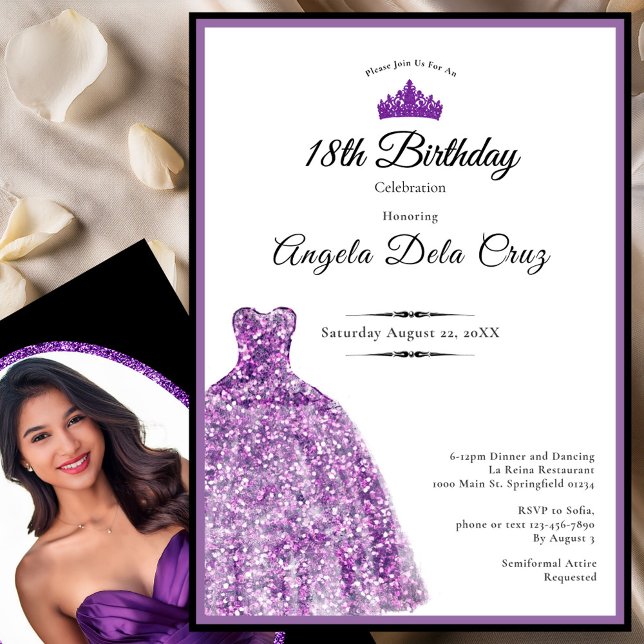 Invitación Elegant purple dress 18th birthday debut (Subido por el creador)