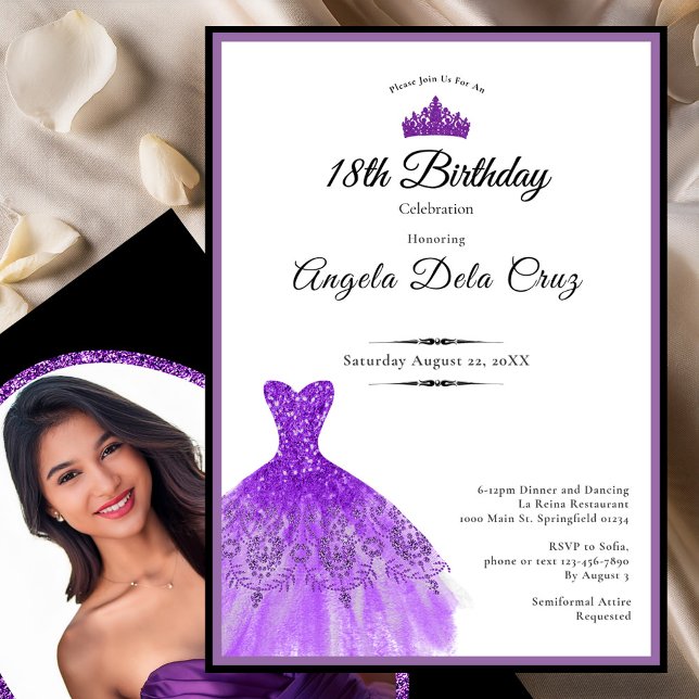 Invitación Elegant purple dress 18th birthday debut (Subido por el creador)