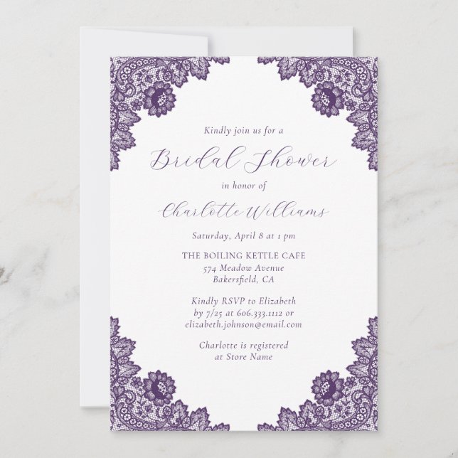 Invitación Elegant Purple Floral Lace Burlap Bridal Shower (Anverso)