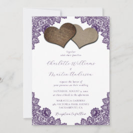Invitación Elegant Purple Floral Lace Burlap Hearts Wedding