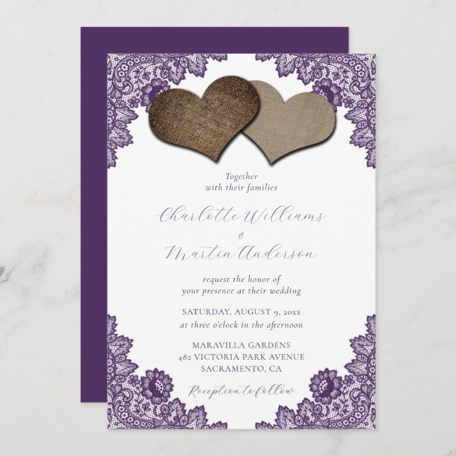 Invitación Elegant Purple Floral Lace Burlap Hearts Wedding (Anverso / Reverso)