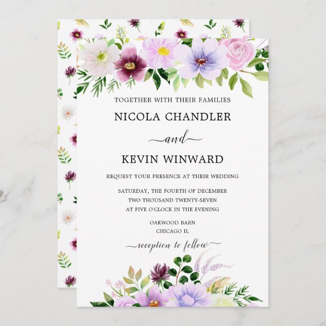 Invitación Elegant Purple Floral Wedding (Anverso / Reverso)