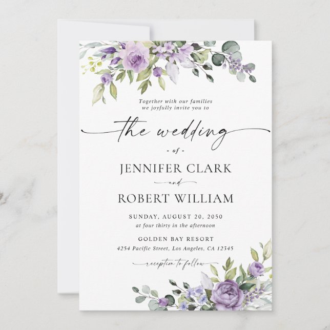 Invitación Elegant Purple Floral Wedding Invitation (Anverso)
