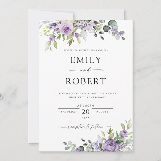 Invitación Elegant Purple Floral Wedding Invitation (Anverso)