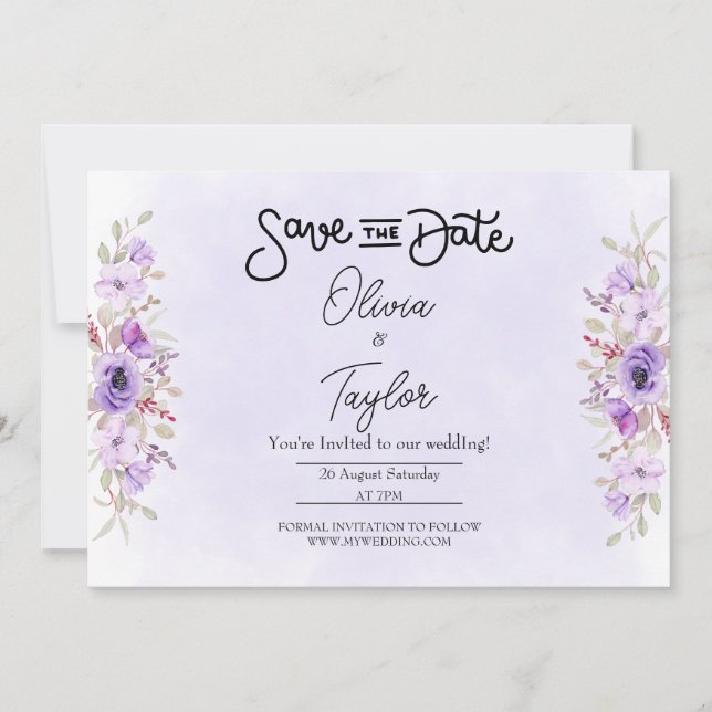 Invitación Elegant Purple Floral Wedding Save the Date (Anverso)