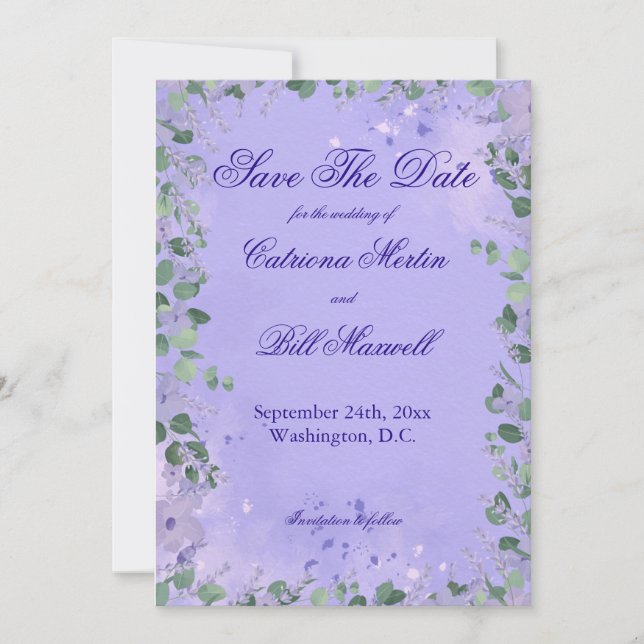 Invitación Elegant Purple Florals Wedding Save The Date Card (Anverso)