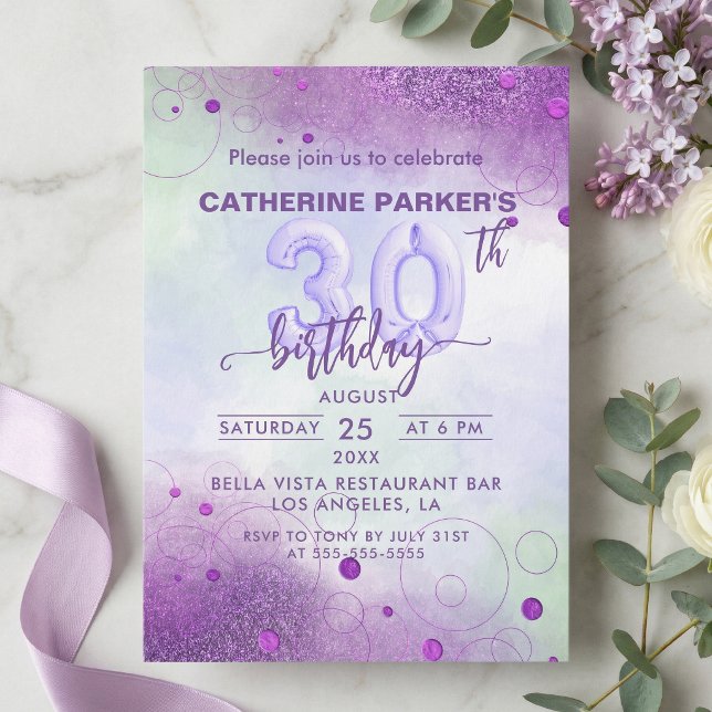 Invitación Elegant Purple Foil Balloon 30th Birthday (Subido por el creador)