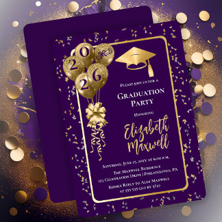 Invitación Elegant Purple Gold Balloons Graduation Party