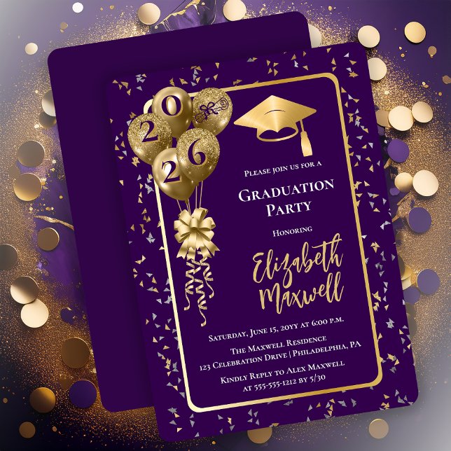 Invitación Elegant Purple Gold Balloons Graduation Party (Elegant Purple and Gold Tone Graduation Party Invitation Balloons and Confetti - Print | Digital)