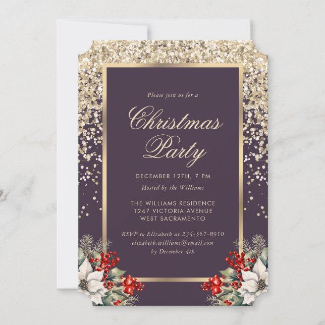Invitación Elegant Purple Gold Botanical Christmas Party (Anverso)