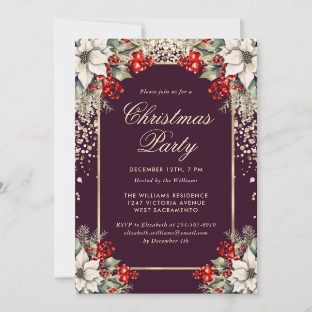 Invitación Elegant Purple Gold Botanical Christmas Party (Anverso)