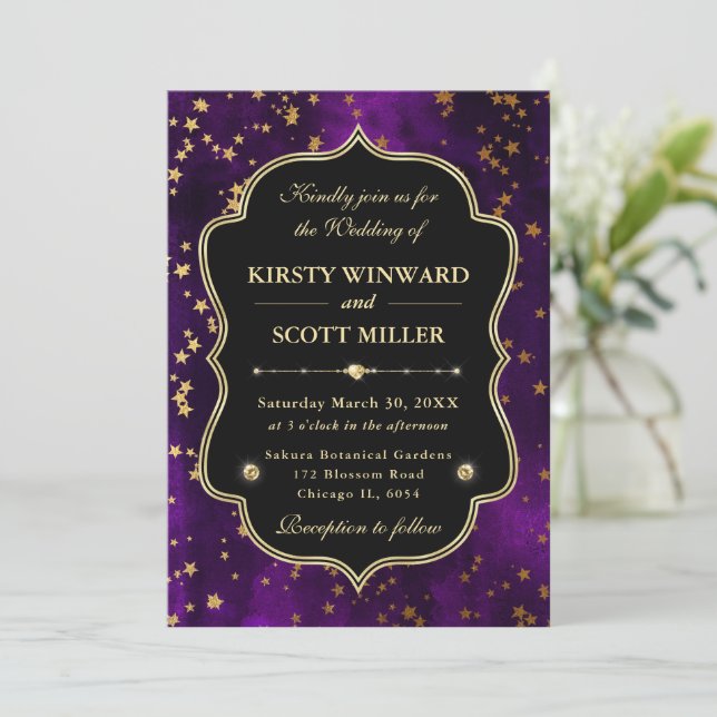 Invitación Elegant Purple  & Gold Celestial Starry Wedding (Anverso de pie)
