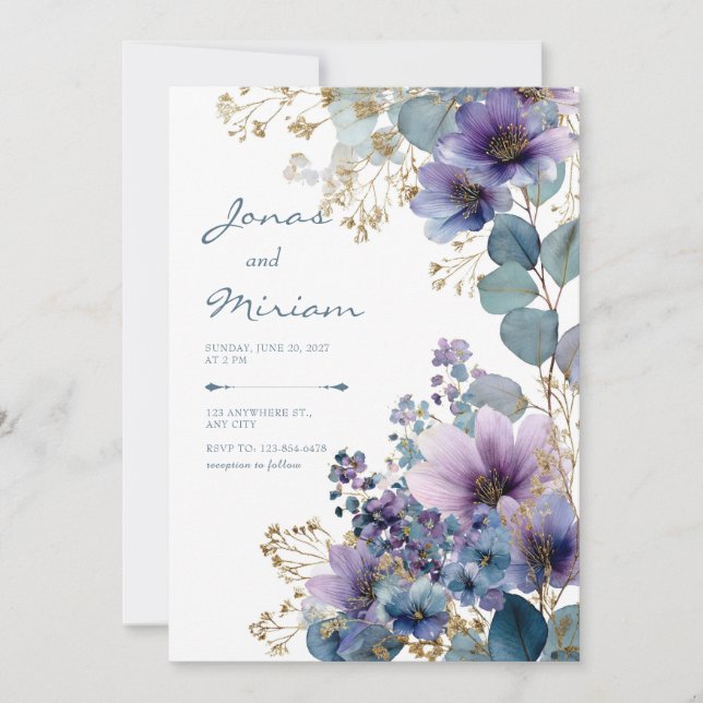 Invitación Elegant Purple Gold Glitter Floral Eucalyptus (Anverso)