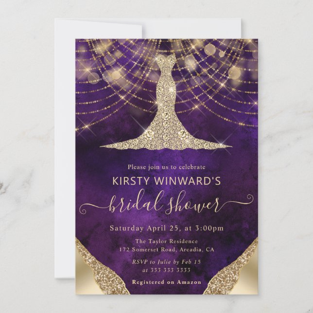 Invitación Elegant Purple Gold Gown Bridal Shower (Anverso)