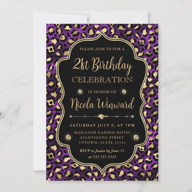 Invitación Elegant Purple Gold Leopard Print Birthday (Anverso)