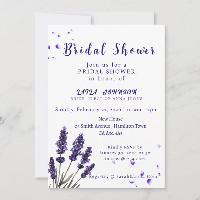 Invitación Elegant Purple Lavender Floral Bridal Shower (Anverso)