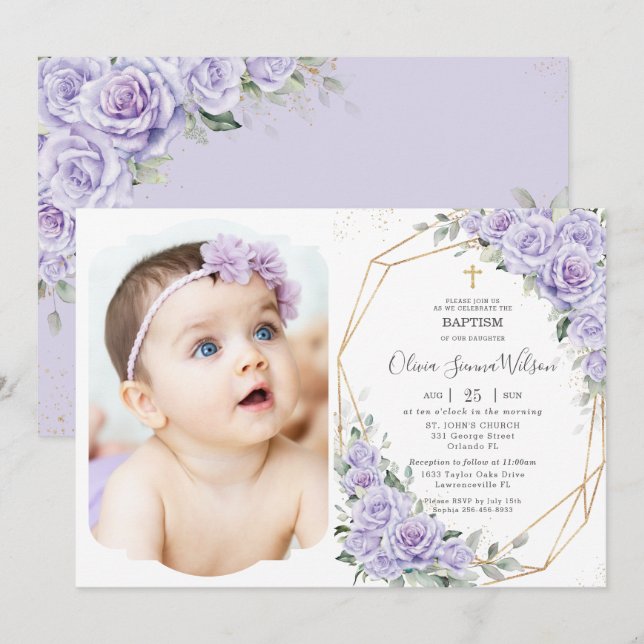 Invitación Elegant Purple Lavender Roses Floral Baptism Photo (Anverso / Reverso)