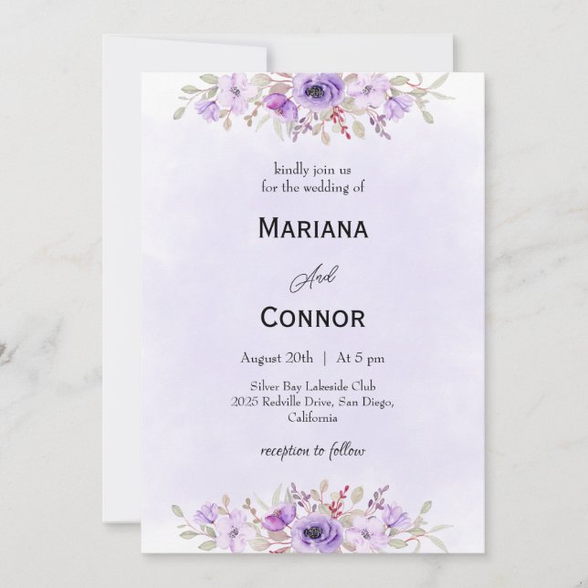 Invitación Elegant Purple Minimalist Floral Wedding  (Anverso)