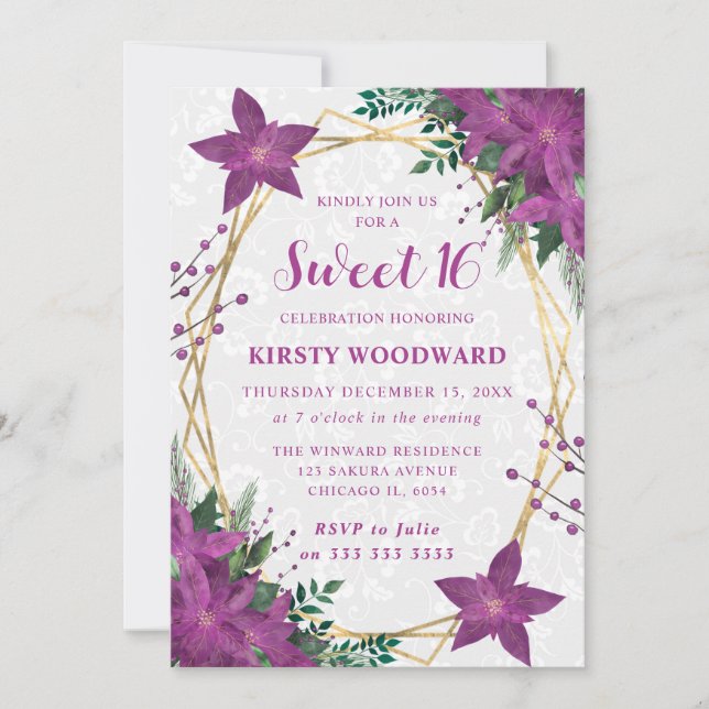Invitación Elegant Purple Poinsettia Winter Sweet 16 (Anverso)