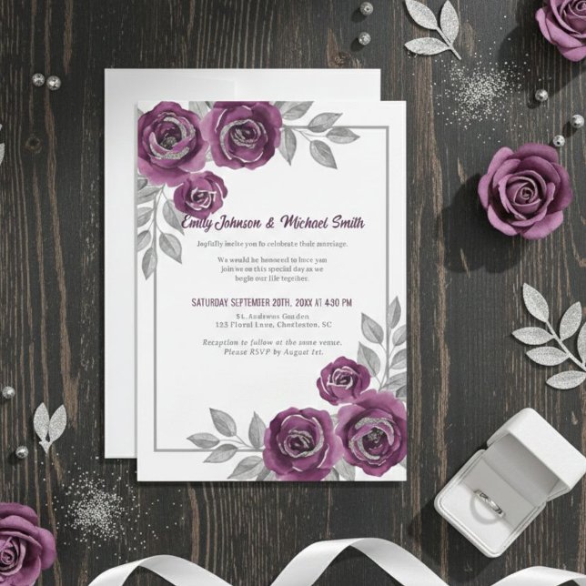 Invitación Elegant Purple Roses and Silver Glitter Wedding  (Subido por el creador)