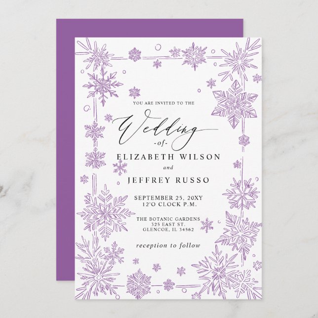 Invitación Elegant Purple snowflakes Winter Wedding (Anverso / Reverso)