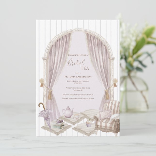 Invitación Elegant Purple Stripe Bridal Tea Shower   (Anverso de pie)