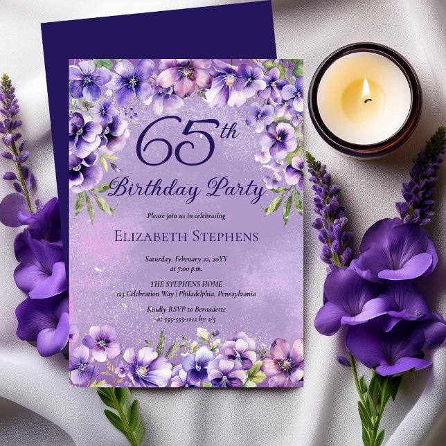 Invitación Elegant Purple Violets Floral 65th Birthday Party  (Elegant Purple Violets Floral 65th Birthday Party Invitation)