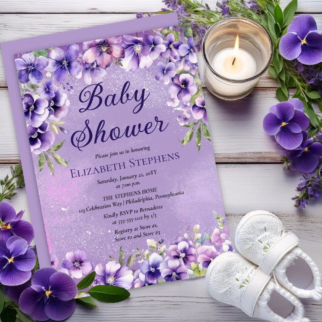 Invitación Elegant Purple Violets Floral Baby Shower (Elegant Boho Purple Violets Lavender Floral Baby Shower Invitation - Print | Digital Download)