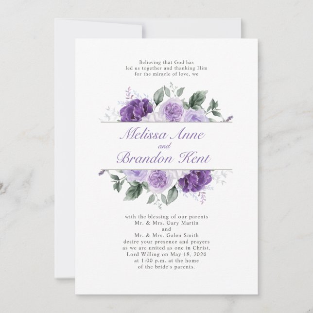 Invitación Elegant Purple Watercolor Floral Wedding (Anverso)