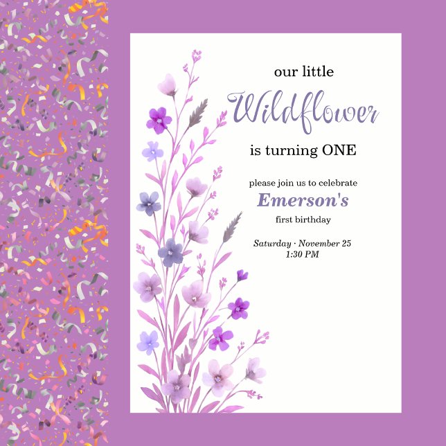 Invitación Elegant Purple Wildflower 1st Birthday Party (Subido por el creador)