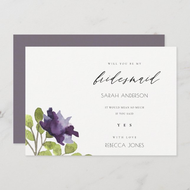INVITACIÓN ELEGANT PURPURA AZUL FLORAL ACUARELA DAMAS DE HONO (Anverso / Reverso)