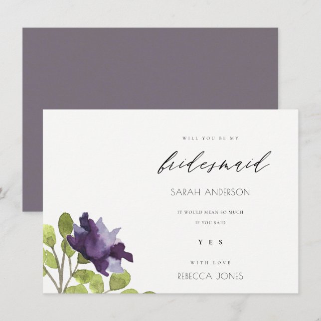 INVITACIÓN ELEGANT PURPURA AZUL FLORAL BRIDAL ACUARELA (Anverso / Reverso)