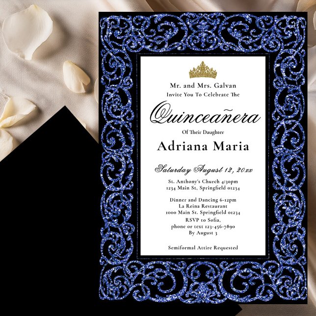 Invitación Elegant Quinceanera Invitation Blue Scrollwork (Subido por el creador)