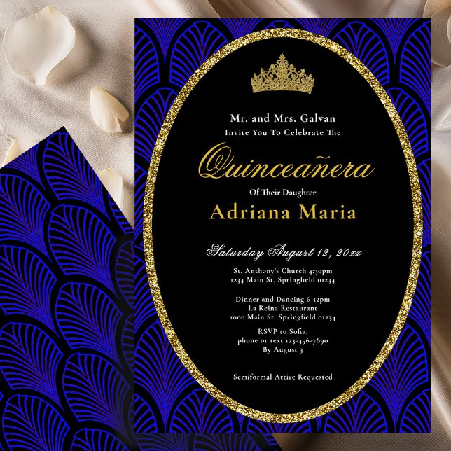 Invitación Elegant Quinceanera Invitation Gold Blue Art Deco (Subido por el creador)