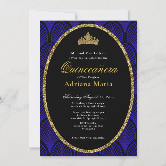 Invitación Elegant Quinceanera Invitation Gold Blue Art Deco (Anverso)