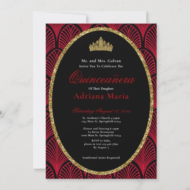 Invitación Elegant Quinceanera Invitation Gold Red Art Deco (Anverso)