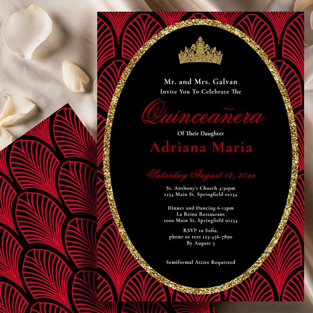 Invitación Elegant Quinceanera Invitation Gold Red Art Deco (Subido por el creador)