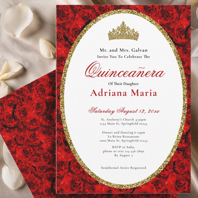 Invitación Elegant Quinceanera Invitation Gold Red Floral  (Subido por el creador)