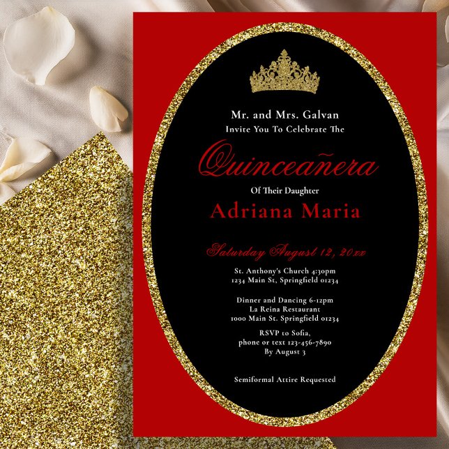 Invitación Elegant Quinceanera Invitation Gold Red Glitter (Subido por el creador)