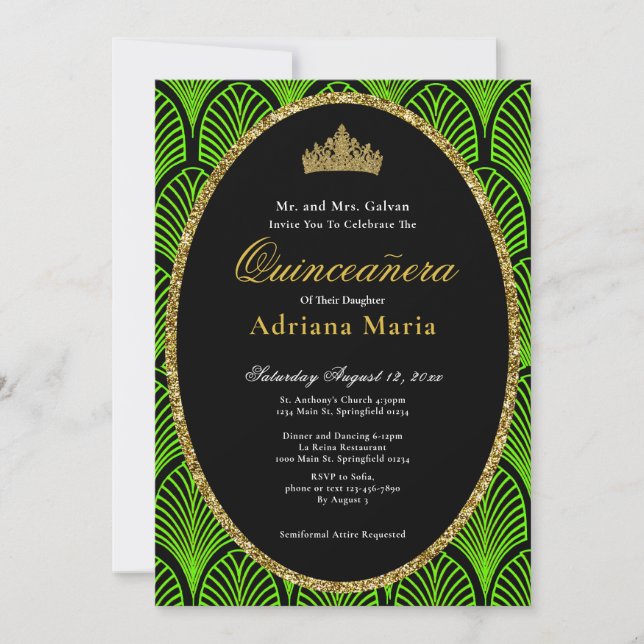 Invitación Elegant Quinceanera Invitation Green Art Deco (Anverso)
