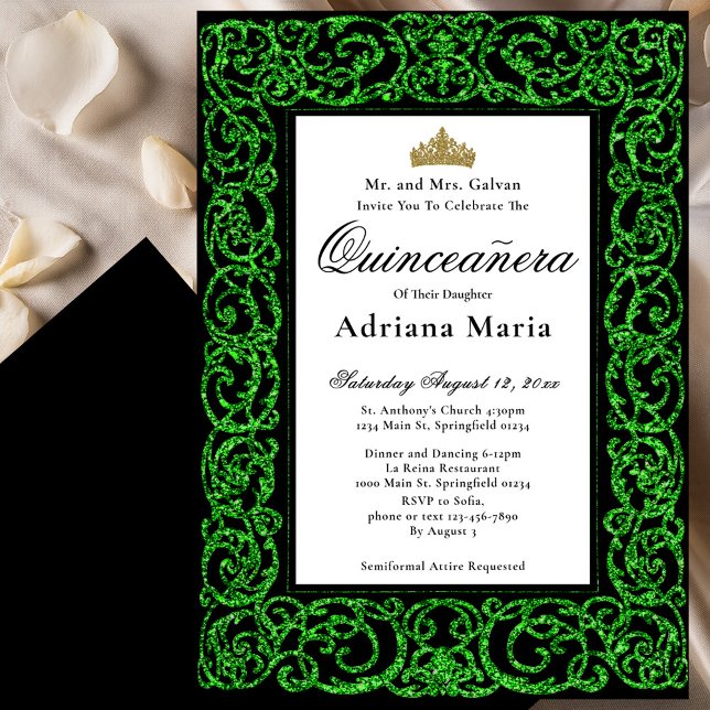 Invitación Elegant Quinceanera Invitation Green Scrollwork (Subido por el creador)